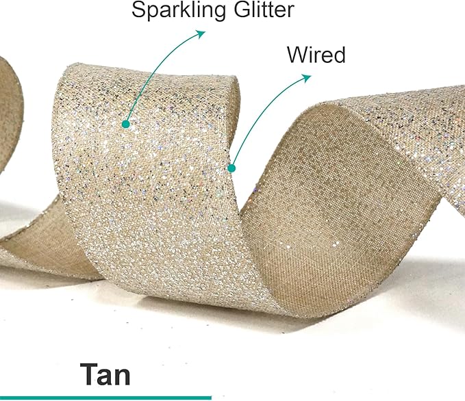 CT CRAFT LLC Sparking Silver Glitter Wired Ribbon 2.5" x 10 Yards TanSilver for Christmas Home Decor Bow Gift Wrapping DIY Crafts Wreath