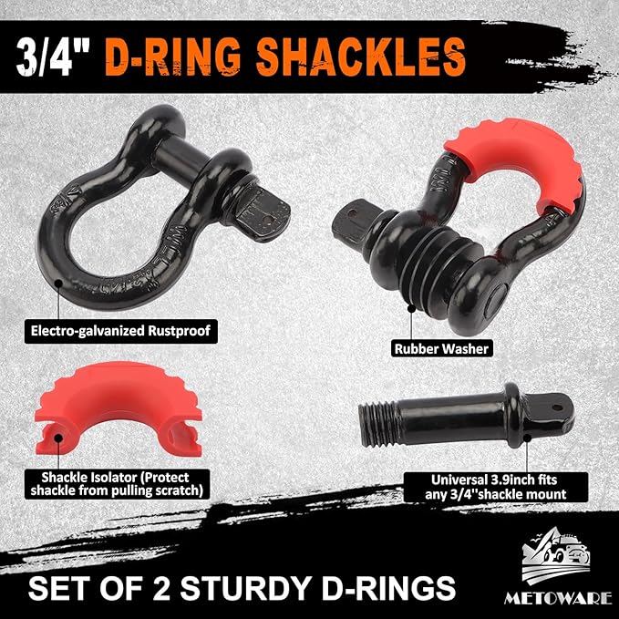 METOWARE Tow Strap Recovery Kit, 3" x 20ft (35,000lbs) Capacity Recovery Strap, 3/4" D Ring Shackles(2pcs) + 2" Shackle Hitch Receiver + 5/8" Hitch Lock + Storage Bag, Emergency Off Road Towing Rope