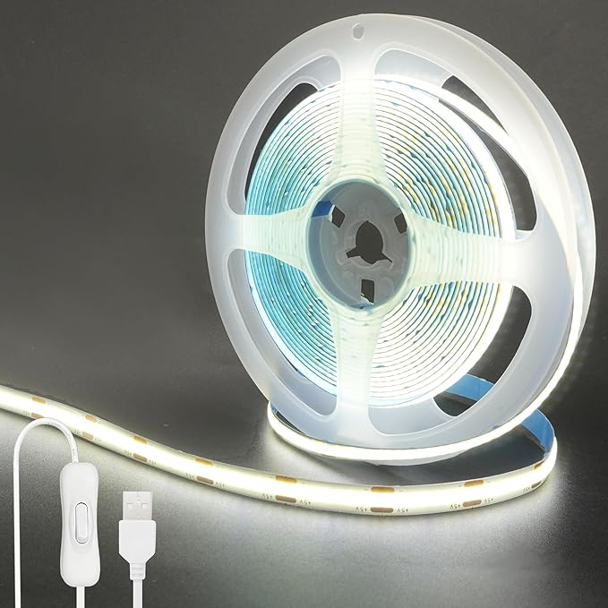 5V USB COB LED Strip Lights with Switch,6.56FT/2M,Cool White 6500K,320LEDs/M,8mm Width,Not Waterproof IP20,1M USB Cable,for DIY Home Indoor Decoration