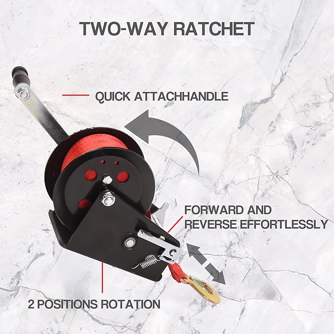 3500lbs Capacity Boat Trailer Winch Heavy Duty Hand Winch with 33ft Polyester Strap,Ratio 4:1/8:1 Gear Crank Strap Gear Winch Two-Way Ratchet with Hook for Boat Trailers ATV RV Truck