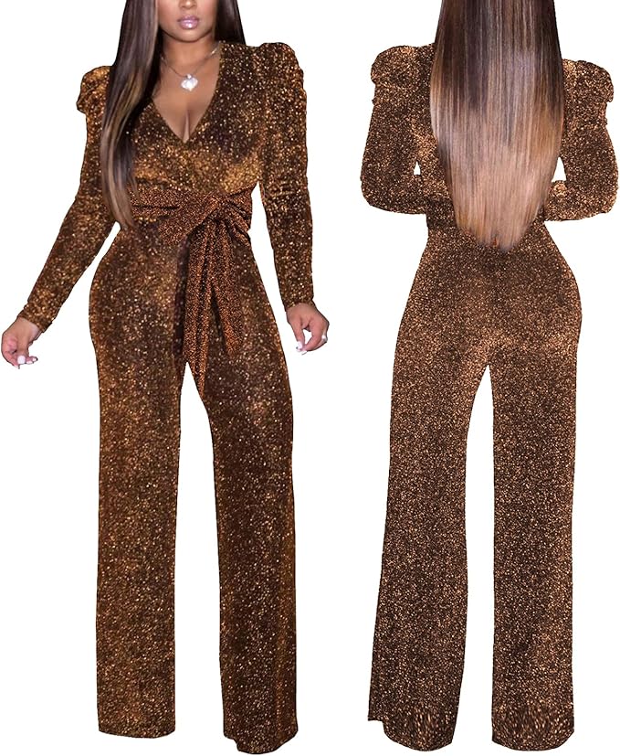 Women's Sparkly Jumpsuits Sexy Long Sleeve Cocktail Elegant Mock Neck Bodycon Straight Long Pants Rompers with Pockets