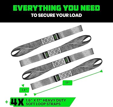 Rhino USA Soft Loop Tie Down Straps (4-Pack) - 1.6 Inch x 17 Inch (5,000 lbs Break Strength) Heavy Duty Motorcycle Straps for use with Ratchet Straps - Handlebar Straps for ATV, UTV, Dirt Bike (Gray)