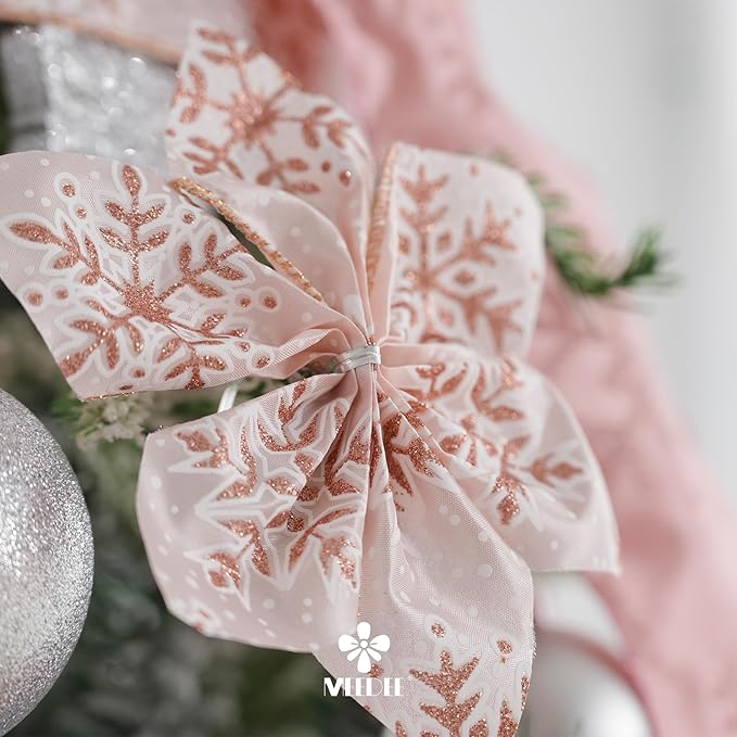 MEEDEE Snowflake Ribbon with Rose Gold Glitter - Wired, 2.5 Inch, Pink Rose Gold Christmas Ribbon for Tree, Garlands, Wreaths, Gift Wrapping (10 Yards)