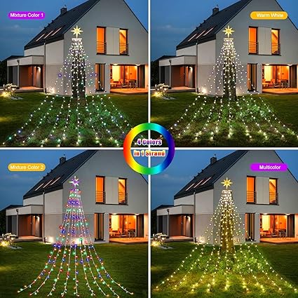 Christmas Decorations Star String Lights, 320 LEDs Outdoor Waterfall Tree Lights with 13" Topper Star, Plug in Waterproof Hanging Fairy Lights for Xmas New Year Holiday Party Yard Decor