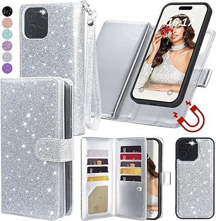Varikke for iPhone 16 Pro Max Wallet Case Detachable with Card Holder for Women, Fashion Glitter PU Leather Strap Magnetic Flip Wallet Removable Phone Case Cover for iPhone 16 Pro Max 6.9", Silver