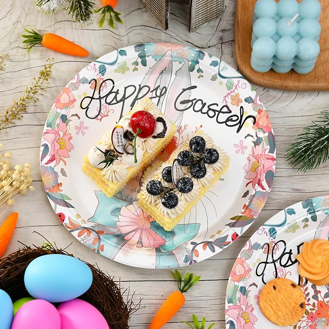 30 Pcs Easter Plates Bunny Plates, 9" Easter Paper Plates Easter Dinner Plates Easter Dessert Plates, Easter Disposable Plates Spring Bunny Paper Plates Easter Salad Party Plates Dinnerware
