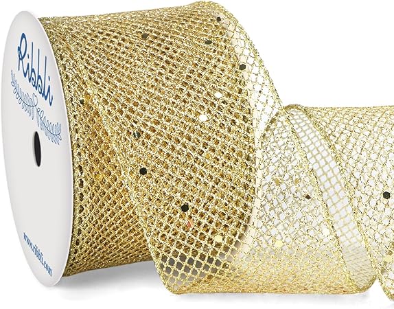 Ribbli Gold Glitter Wired Ribbon for Christmas Tree Diamond Mesh Sparkling Ribbon 2.5 Inch x 10 Yard Christmas Wired Ribbon for Gift Wrapping Crafts Wreath Supplies
