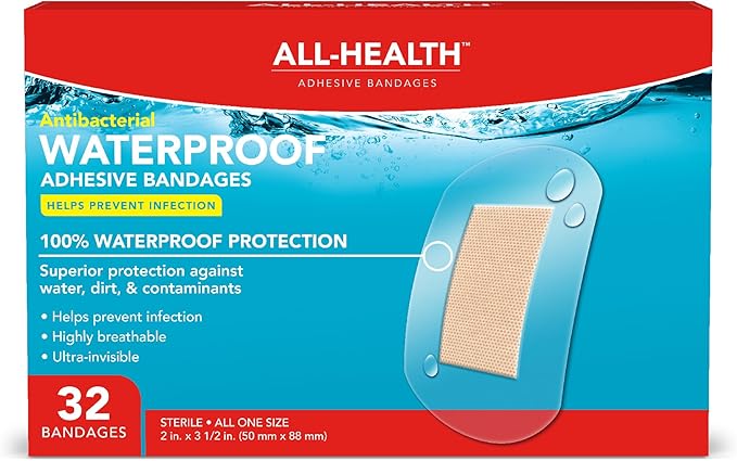 All Health Clear Waterproof Antibacterial Adhesive Bandages, 2 in x 3 12 in, 32 ct Helps Prevent Infection, 100 Waterproof for First Aid and Wound Care