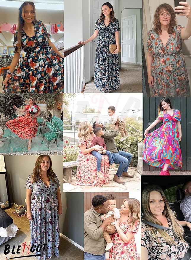 BLENCOT Womens Casual Boho Floral Printed V Neck Short Sleeve Long Evening Dress Ruched Cocktail Party Maxi Wedding Dress