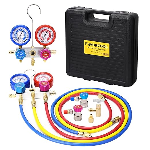FAVORCOOL CT-136G 3-Way AC Diagnostic Manifold Gauge Set with Case for Freon Charging, fits R410A, R134A, R22 Refrigerants, Aluminum Body, Sight Glass