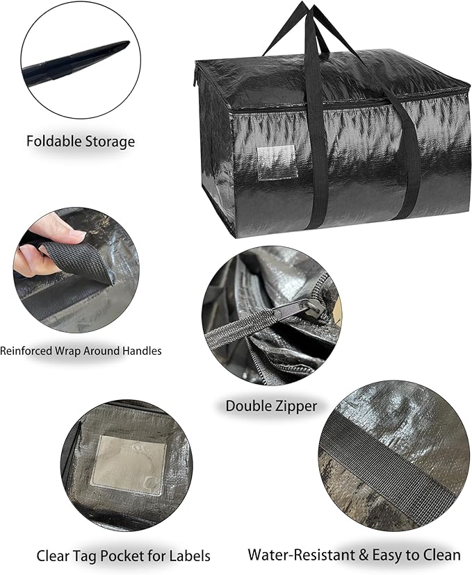 1 Pcs Extra Large Moving Bags YQBOOM Foldable Heavy Duty Storage Bag Strong Handles and Zippers Organizer Bag Storage Tote for Space Saving, House-Moving, Traveling Black