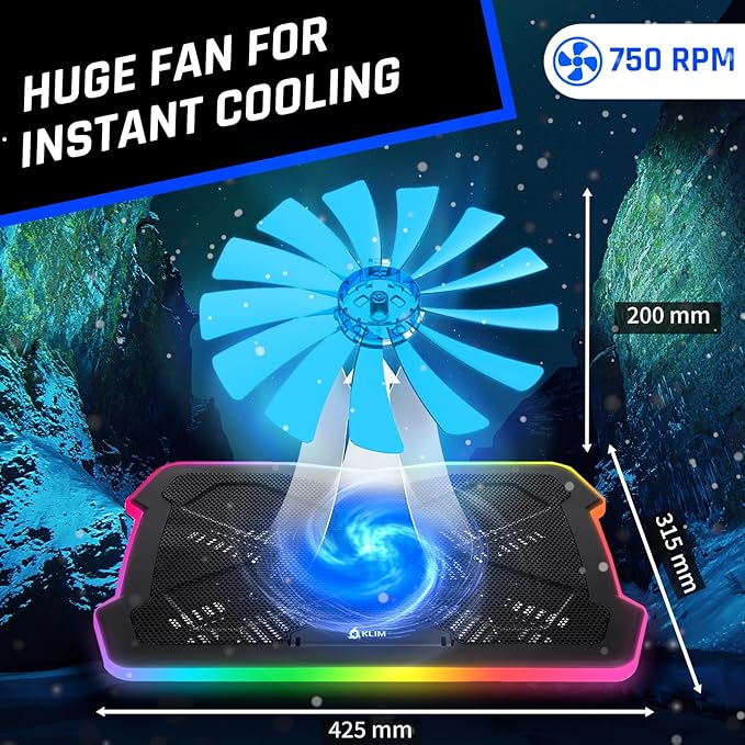KLIM Ultimate - RGB Laptop Cooling Pad with LED Rim - New - Gaming Laptop Cooler - USB Powered Fan - Very Stable and Silent Laptop Stand - Compatible up to 17" - PC Mac PS5 PS4 Xbox One
