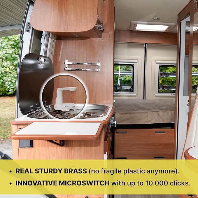 12V Water Tap with Microswitch RV Kitchen Faucet Solid Brass (5 BAR) 12 Volt Electric Tap with Switch Boat, Camping Sink Faucet Rotatable RV Accessory (White)
