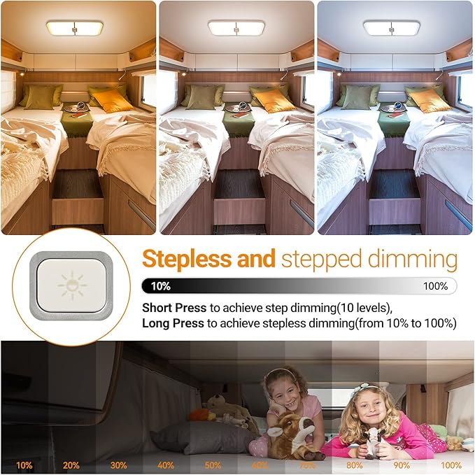 CT CAPETRONIX RV Lights Interior, 3 Color TEM Camper Lights, 204 LEDs Dimmable 12v Volt Led Lights Fixture, RV Ceiling Dome Light w Switch for RV/Camper/Car/Trailer/Boat (Warm Cool Natural White)