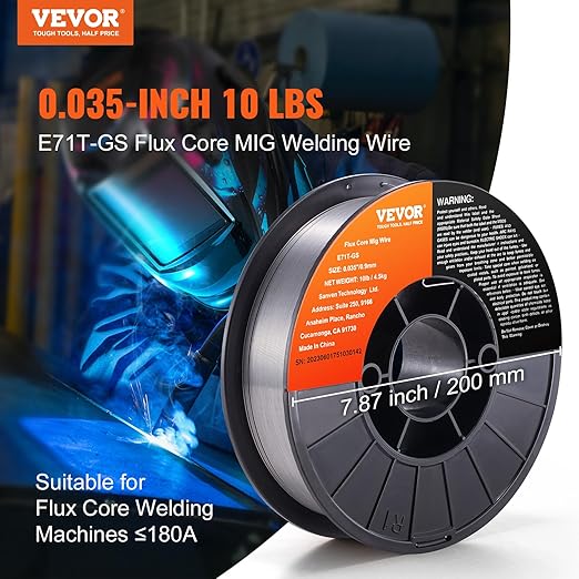 VEVOR Flux Core Welding Wire, E71T-GS 0.035-inch 10LBS, Gasless Mild Steel MIG Welding Wire with Low Splatter for All Position Arc Welding and Outdoor Use