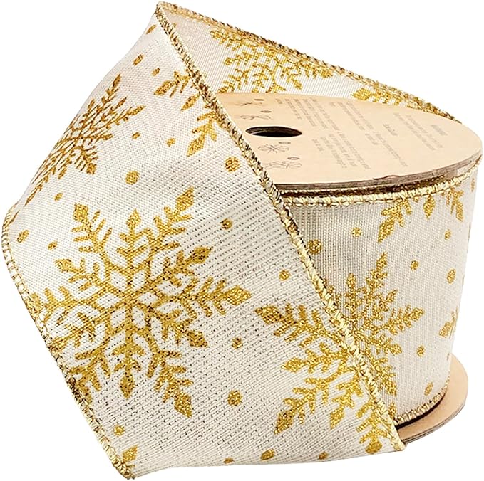 LaRibbons Gold Christmas Wired Ribbon, 2.5 Inch x 10 Yards Gold Snowflake Burlap Ribbon for Tree Decoration,Wreath,Bows,Gift Wrapping