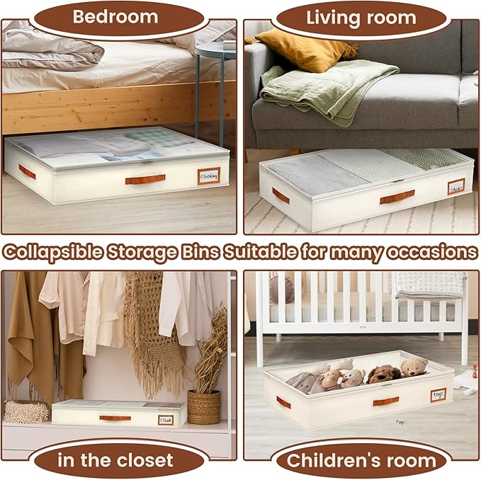 2pcs Under Bed Storage Containers, 58L Under Couch Storage Bins Organization Foldable Underbed Storage Bags for Clothing, Blankets, Towels, Comforter, Sweaters, Linen Sheets (M)