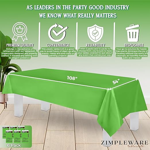 ZIMPLEWARE Premium Lime Green Plastic Table Cloth Disposable (6 Pk) Plastic Tablecloths for Rectangle Tables (54in x 108in) Party Table Cloths Disposable for 6ft to 8ft Rectangle Tables