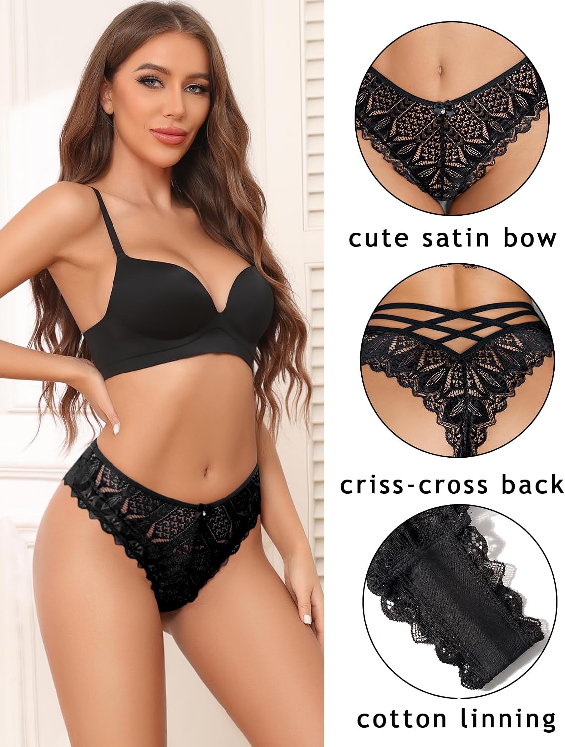 Avidlove Womens Underwear Lace Cheeky Panties Criss Cross Back Bikini Thongs Sexy Undies ( 3 Pack rec-black-bule )