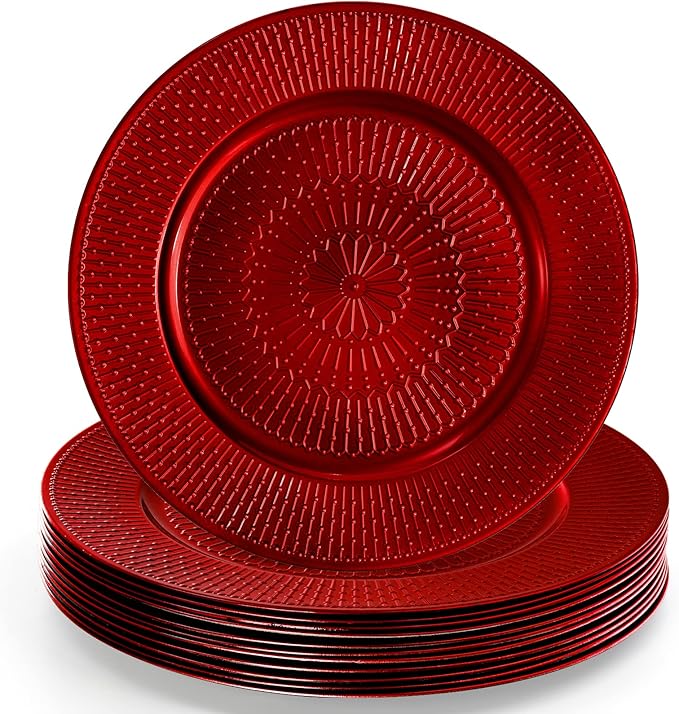 DEAYOU 12 Pack Red Charger Plates, 13-inch Beaded Chargers Plates, Wedding Charger Platters for Serving, Party