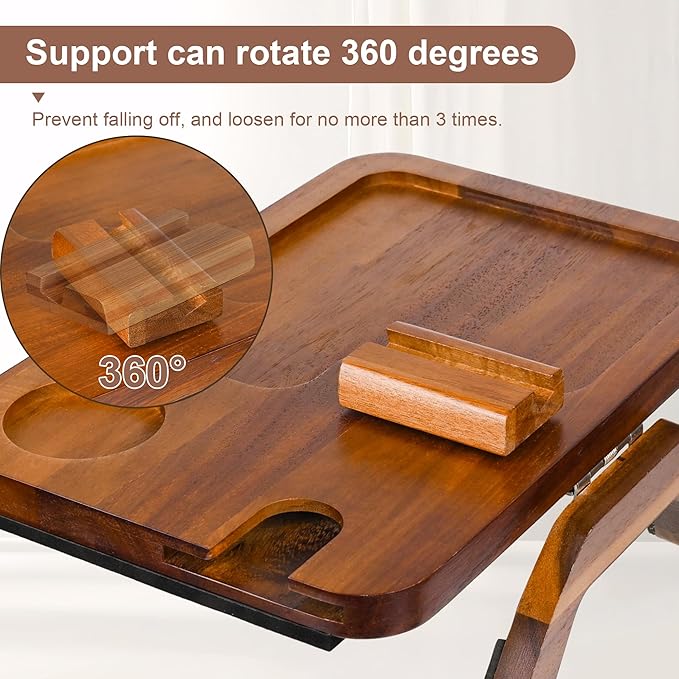 Upgrade Sofa Arm Tray, Bamboo Couch Arm Table with Wine Cup Holder, Foldable Armrest Tray Clip on Wide Couches for Eating, Drinks, Snacks, Remote, (Brown)