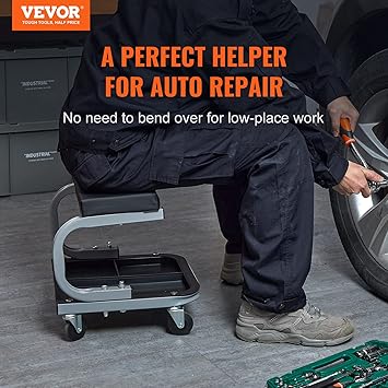 VEVOR Rolling Creeper GarageShop Seat, 250 LBS Capacity Padded Rolling Workshop Stool with Tool Tray Storage, Mechanic Stool for Garage, Shop, Auto Repair, Black