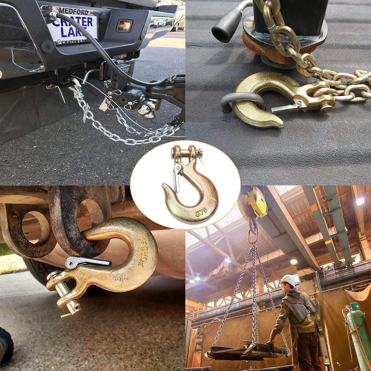 3/8 Inch Clevis Slip Hook, 2Pcs Trailer Safety Chain Hooks, Heavy Duty Forged G70 Hook with Safety Latch, Clevis Rigging Tow Winch Trailer for Transport, Lift and Pull, Capacity18000 lbs