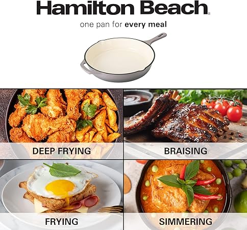 Hamilton Beach Enameled Cast Iron Fry Pan 12-Inch Gray, Cream Enamel coating, Skillet Pan For Stove top and Oven, Even Heat Distribution, Safe Up to 400 Degrees, Durable