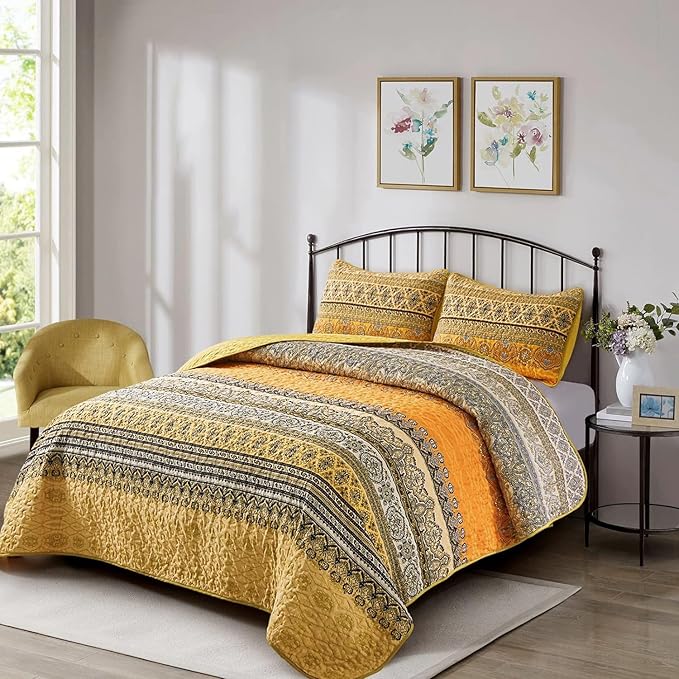 WONGS BEDDING Yellow Orange Bohemian King Quilt, Boho Quilt King Size, Lightweight Microfiber Bed Decor Bedspread for All Season 103"x90"(3 Pieces)