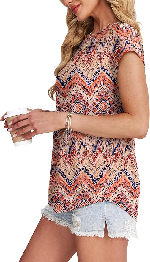 XIEERDUO Womens Tops Short Sleeve Shirts Blouses for Women Dressy Casual Cap Sleeve Tops with Curved Hem