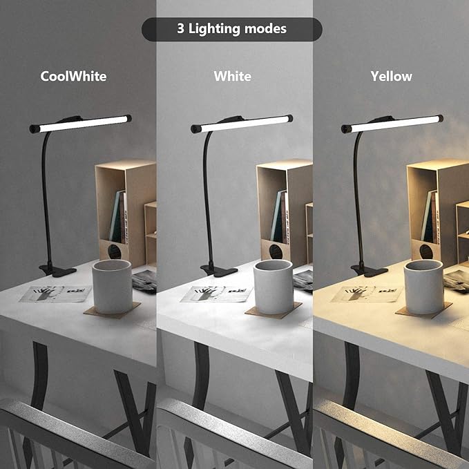 YOUKOYI LED Desk Lamp with Clamp, Flexible Gooseneck Arm Drafting Table Lamp, 10 Brightness Levels, 3 Color Modes, Can be Power by USB, 5W for Headboard, Workbench, Studio, Bedside Reading - Black