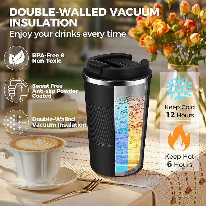 13 oz Stainless Steel Insulated Travel Coffee Mug with Fip Lid,Reusable Double Wall Vacuum Metal Coffee Cup,Portable to Go Leak Proof Cafe Thermal Tumbler for Hot & Cold Drinks(Black,1)