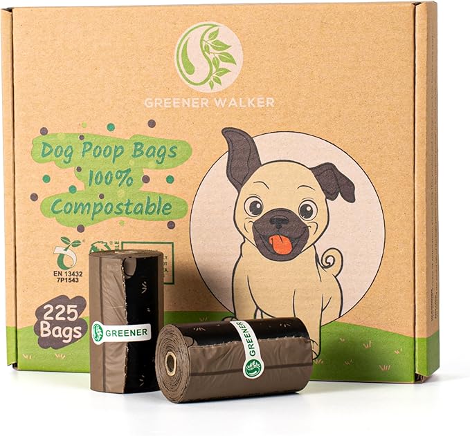 GREENER WALKER 100 Compostable Poop Bags for Dog Waste, 20 Extra Thick and Durable 225 Poop Bags for Doggie with EN13432 Certified (Brown)