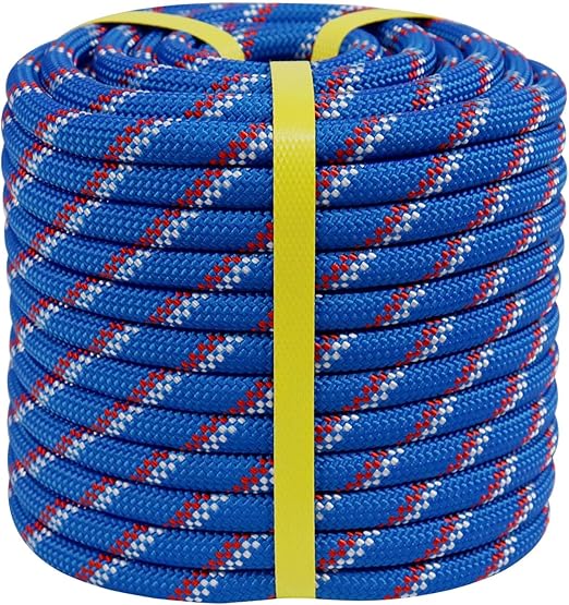 Double Braided Arborist Rigging Rope (1/2 in x 100 ft) Strong Polyester Rope 48 Strands for Tree Work Pulling Swing Sailing, Blue/White/Red