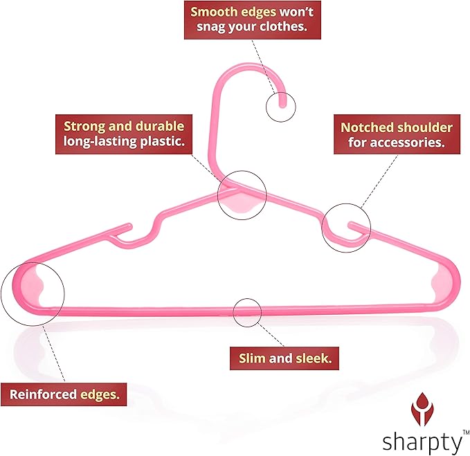 Sharpty Kids Plastic Hangers, Children's Hangers for Baby, Toddler, and Child Clothes - Everyday Standard Use - Ideal for Boys and Girls Closet, Clothing, Pants, Coats, and More - Pink, 40 Pack