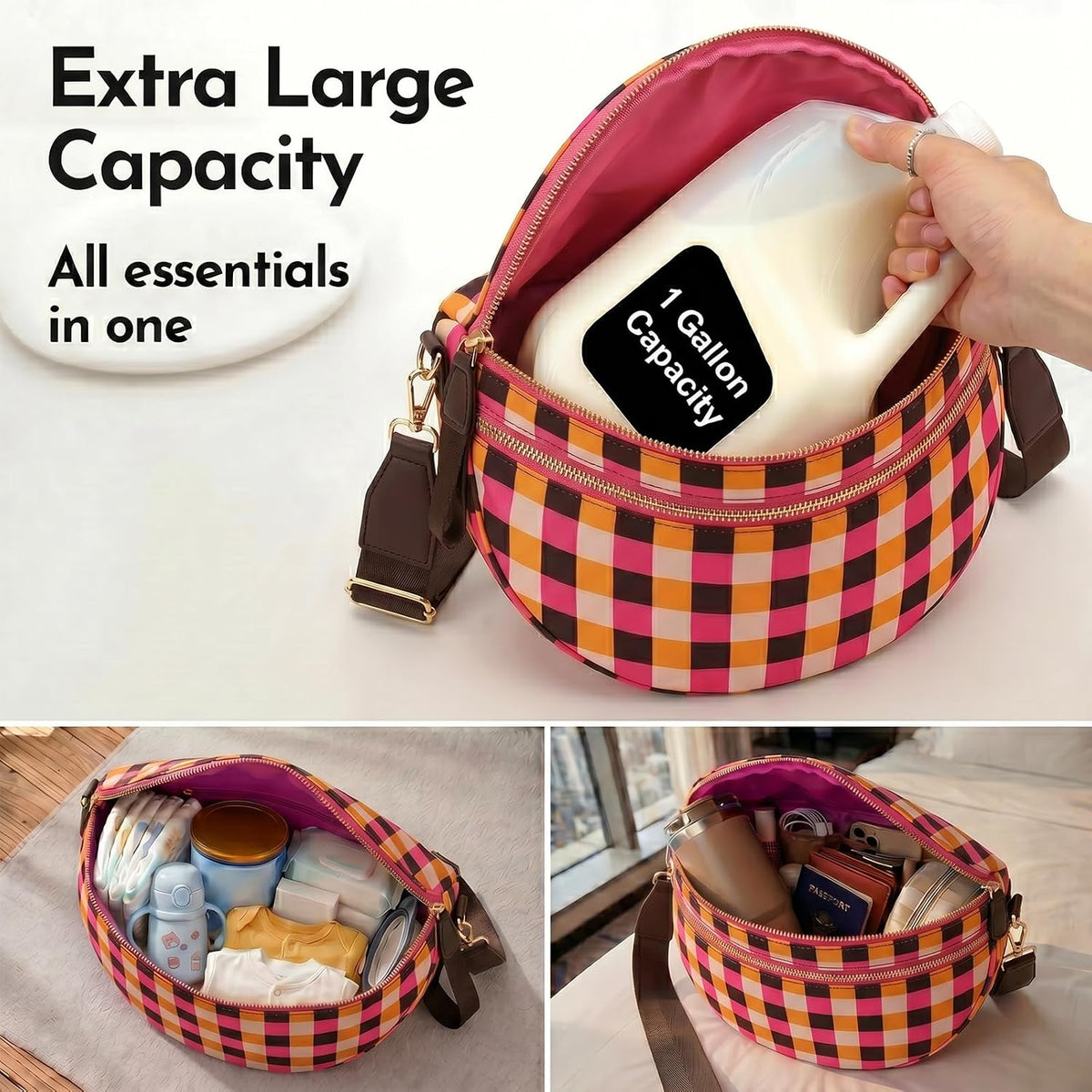 Checkered Crossbody Bag Nylon Bum Bags for Women Spacious Handbags Checkered Purse Fanny Packs with Shoulder Strap