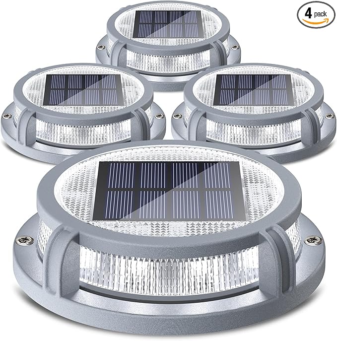 SIEDiNLAR Solar Deck Lights Outdoor 2 Modes 16 LEDs Driveway Markers Dock Light Solar Powered Waterproof for Ground Step Pathway Walkway Stair Garden Road Yard 4 Pack (Cool WhiteWarm White)