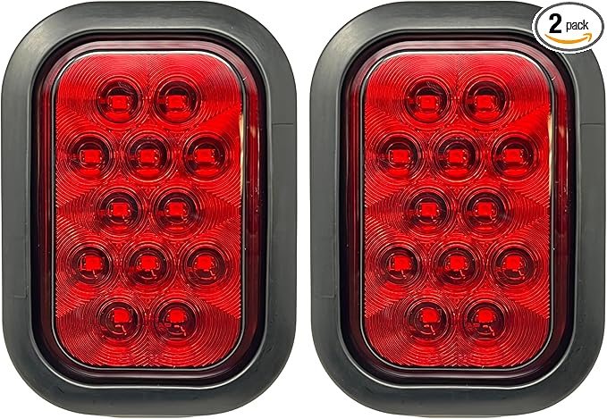 5x3 2x Red Rectangle 12 LED StopTurnTailParking Light Tow Truck Semi Trailer CM Flatbed Reading Postal Hitch Mounted RV Bus Grommet 3 Wire Pigtail Plug Kit 12V IP67 Waterproof