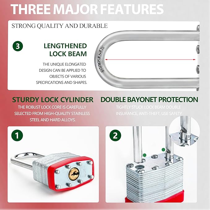 Pack of 4 Keyed-Alike Padlocks with Same Keys Long Shackle Hardened Steel Padlock with 8 Keys for Sheds Gates Fences Toolbox