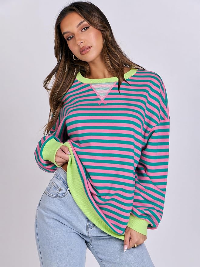 ANRABESS Women Striped Oversized Sweatshirt Crewneck Long Sleeve Shirts Hoodies 2025 Summer Fashion Pullover Top Y2K Outfits