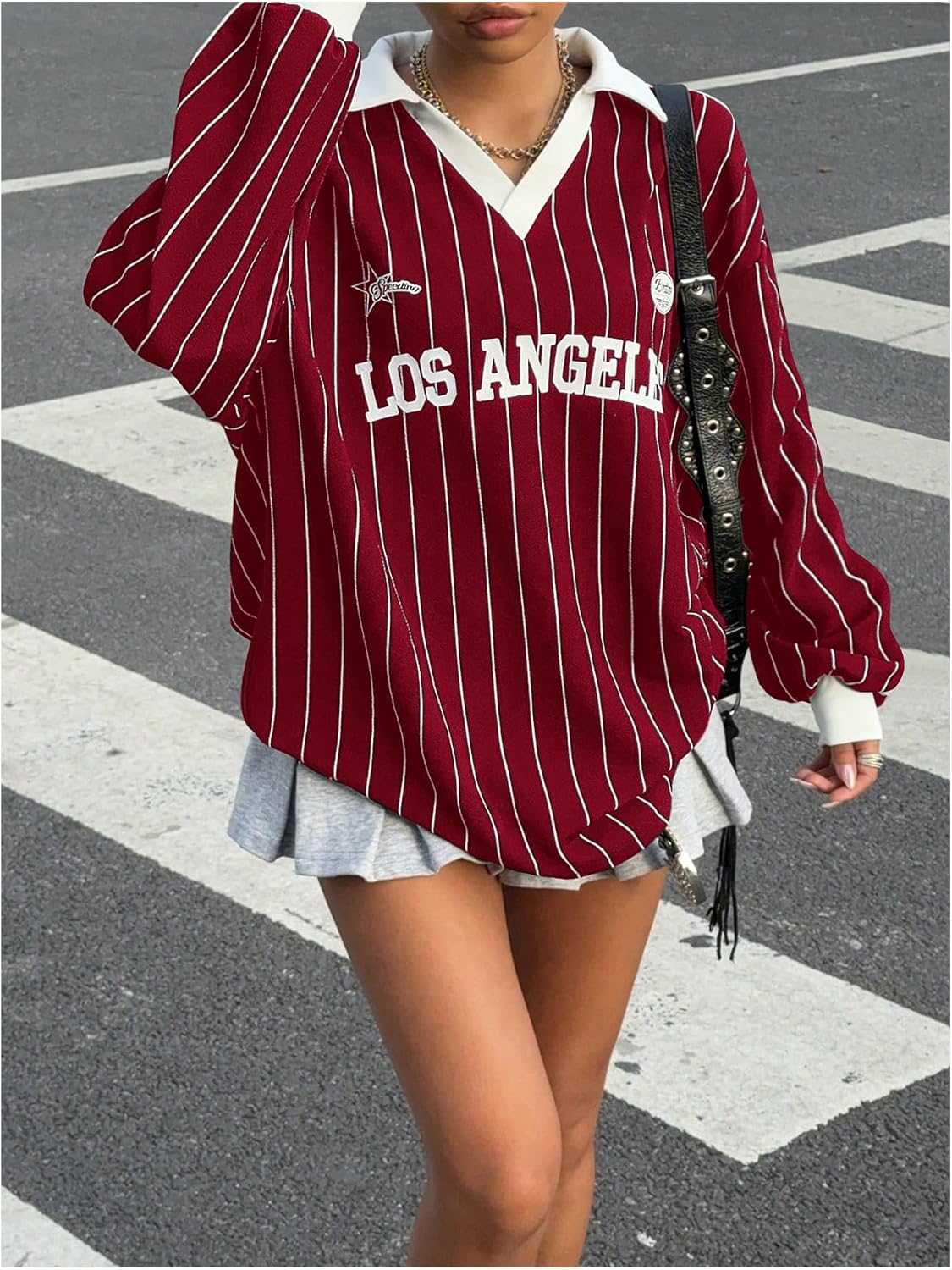 SOLY HUX Women's Oversized Tees Striped Letter Print Y2k Jersey T Shirt Collar V Neck Long Sleeve Loose Tops
