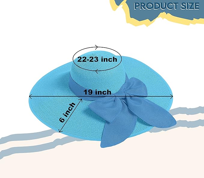 Women's Wide Brim UPF 50+ Straw Sun Hat with Bow - Foldable Packable Summer Beach Hat with Chin Strap