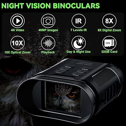 WONGKUO Night Vision Goggles - 5W Upgraded 4K HD IR Binoculars - 8X Digital Zoom, Rechargeable Binoculars with Camera Built in, 32GB Card to Save Photos and Videos, Flashlight for Camping Hunting