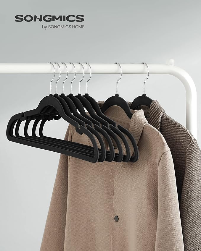 SONGMICS Velvet Hangers 10 Pack, Non-Slip Clothes Hangers, Suit Hangers with Shoulder Notches, Pants Bar, 360 Swivel Hook, Space-Saving, for Closet, Ink Black UCRF029B01