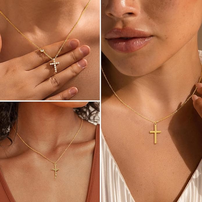 Ursteel Gold Cross Necklaces for Women - 14K Real Gold Plated Cross Pendant Necklace for Women Trendy Small Cross Necklace Crucifix Necklace CZ Cross Necklace Gold Jewelry Religious Faith Gifts