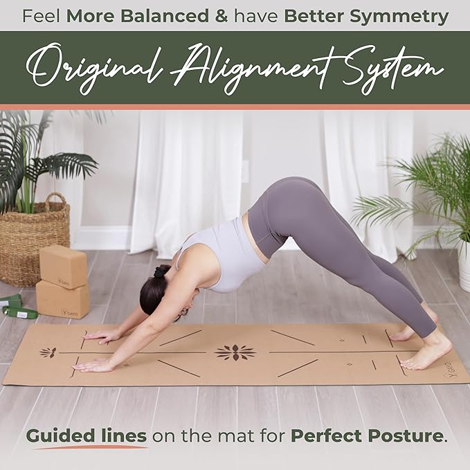 Premium Yoga Cork Mat 5mm Thick Natural Tree Rubber Base and Bigger Mat for Extra Support, Alignment lines for Guidance Non-Slip, Natural Eco-friendly, Your Ultimate Eco-Friendly Yoga Companion