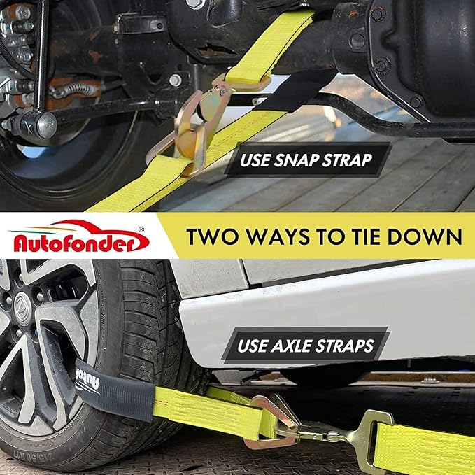 4 Pack 2 Heavy Duty Car Ratchet Tie Down Kit with Snap Hooks-Break Strength 10,000lbs-Working Load 3,333lbs-Includes 36 Axle Straps with D-Ring(Yellow)