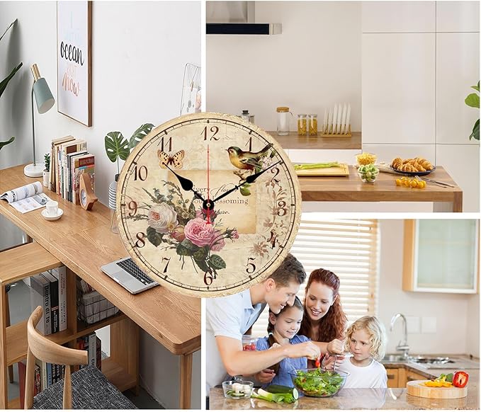 12 Inch Wood Wall Clock Silent Non-Ticking Wall Clocks for Office,Bathroom,Living Room,Dining Room,Kitchen Decoration, FlowersBirds Style Round Hanging Clock