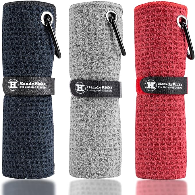 Handy Picks Microfiber Golf Towel (16" X 16") with Carabiner Clip, Waffle Pattern Hook and Loop Fastener - The Convenient Golf Cleaning Towel BlackGreyRed