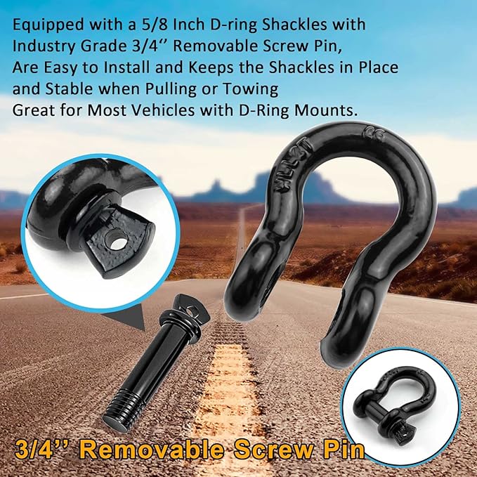 58" D Ring Shackles, Heavy Duty D-Ring Shackle with Screw Pin Clevis, for Most Vehicles with D-Ring Mounts Such as Jeeps, ATV's, Trucks, Trailers (4 Pack)